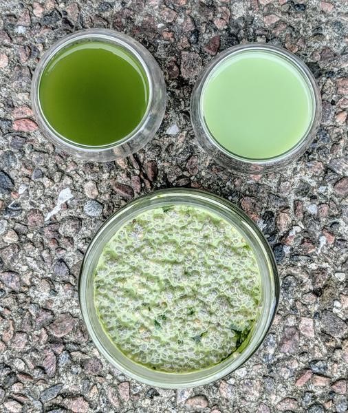 Matcha latte; matcha chia pudding