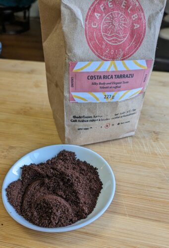 Cafe Elba coffee Costa Rica Tarrazu grounds and package. 