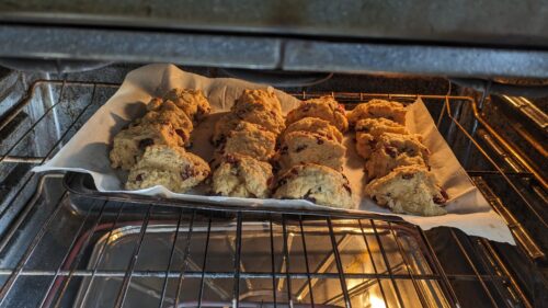 Cranberry almond scones baking in the oven.